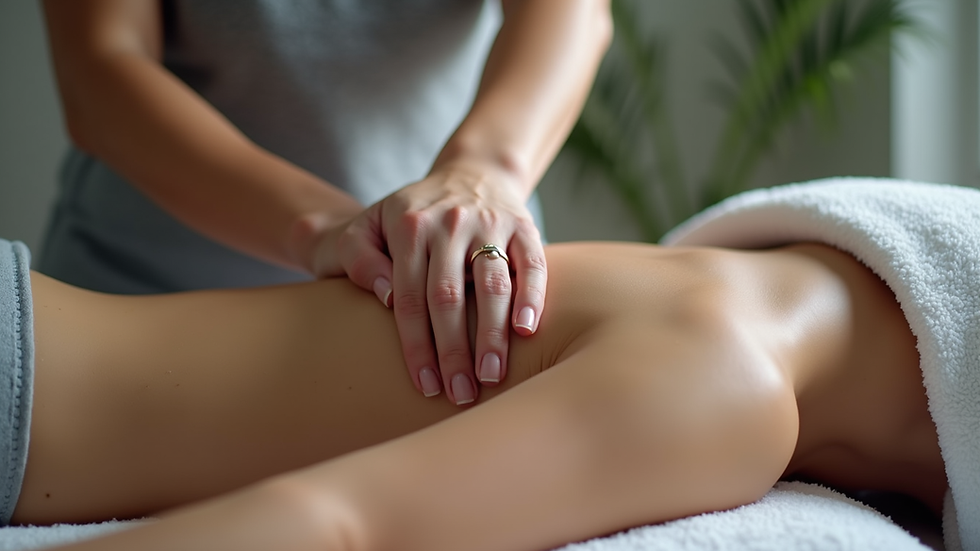 Eye-level view of a massage therapist using elbow pressure on a client’s shoulder muscle