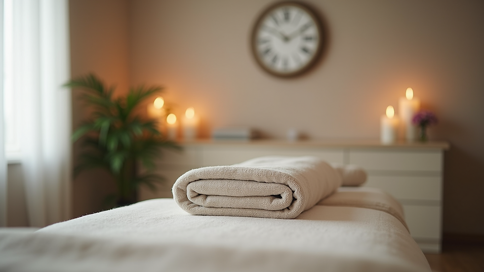 Eye-level view of therapy room with massage table and equipment