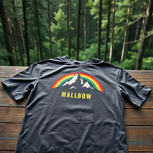 T-shirt laying on a wooden table, branded with a mountain, rainbow in forest.jpg