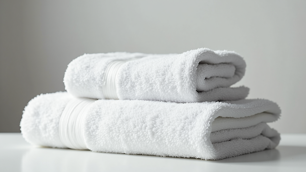 Close-up view of folded clean white towels stacked neatly