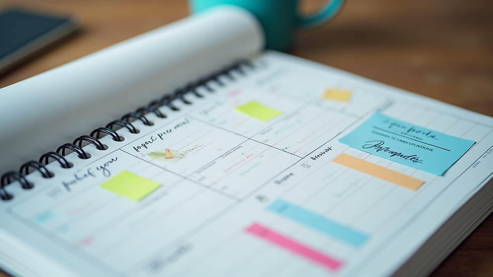 Close-up view of a digital planner with colorful notes and reminders