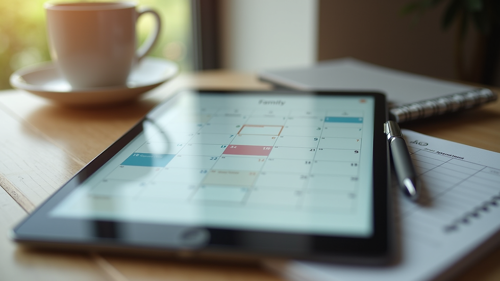Eye-level view of a digital calendar on a tablet with family appointments