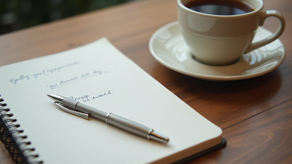 High angle view of a calm workspace with a notebook, pen, and cup of tea