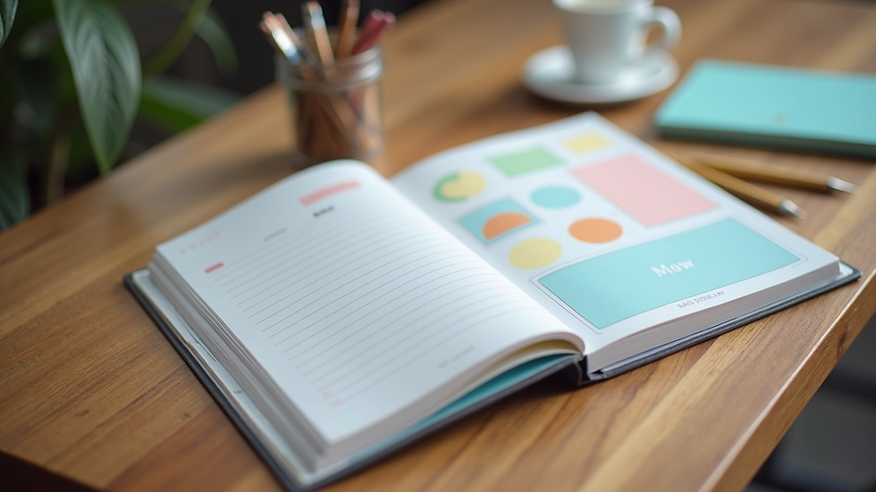 Close-up view of a digital planner open on a wooden table with colorful notes