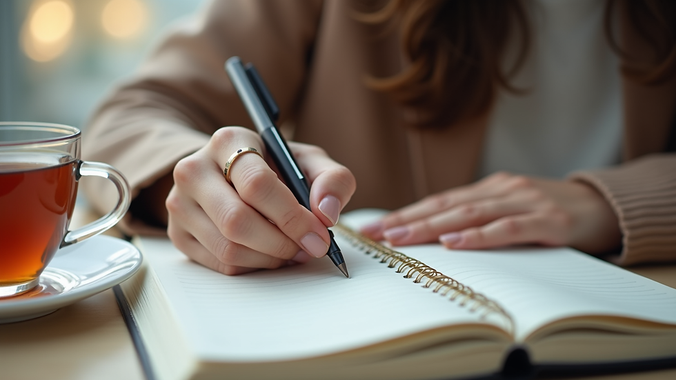 Close-up view of a woman writing in a planner with a cup of tea nearby