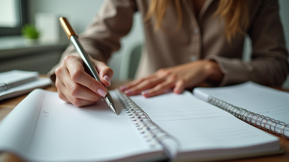 Eye-level view of a woman thoughtfully organizing her planner on a desk