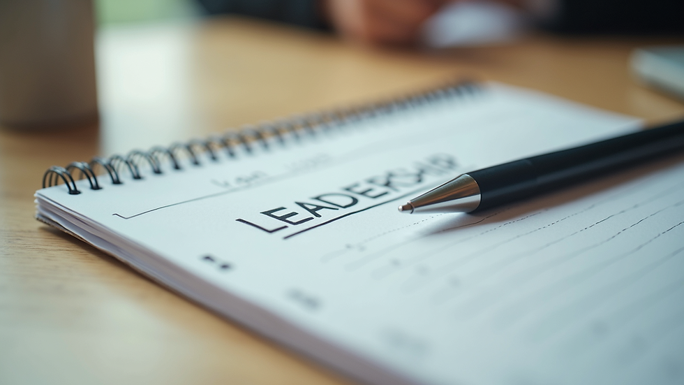 Close-up view of a notebook with leadership notes and a pen