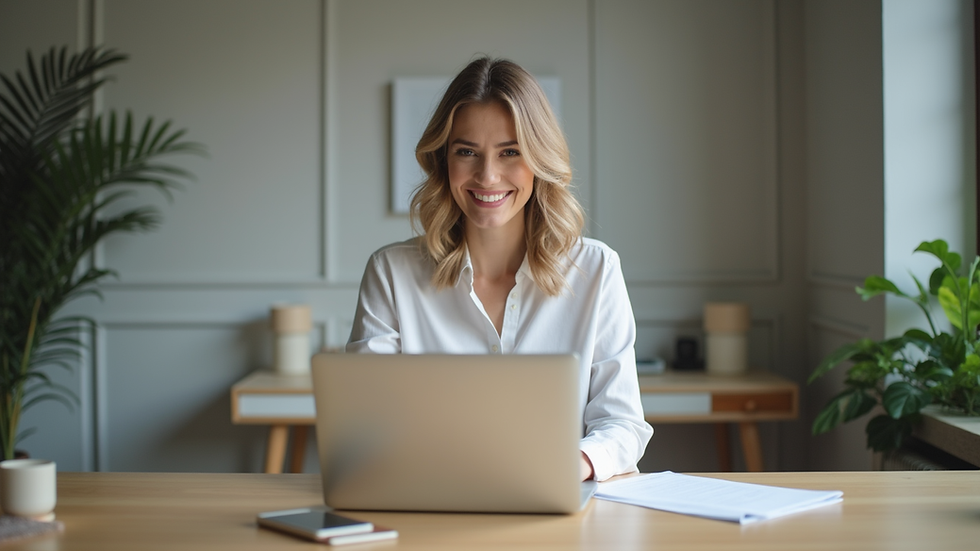 Eye-level view of a woman working on a laptop with a calm workspace