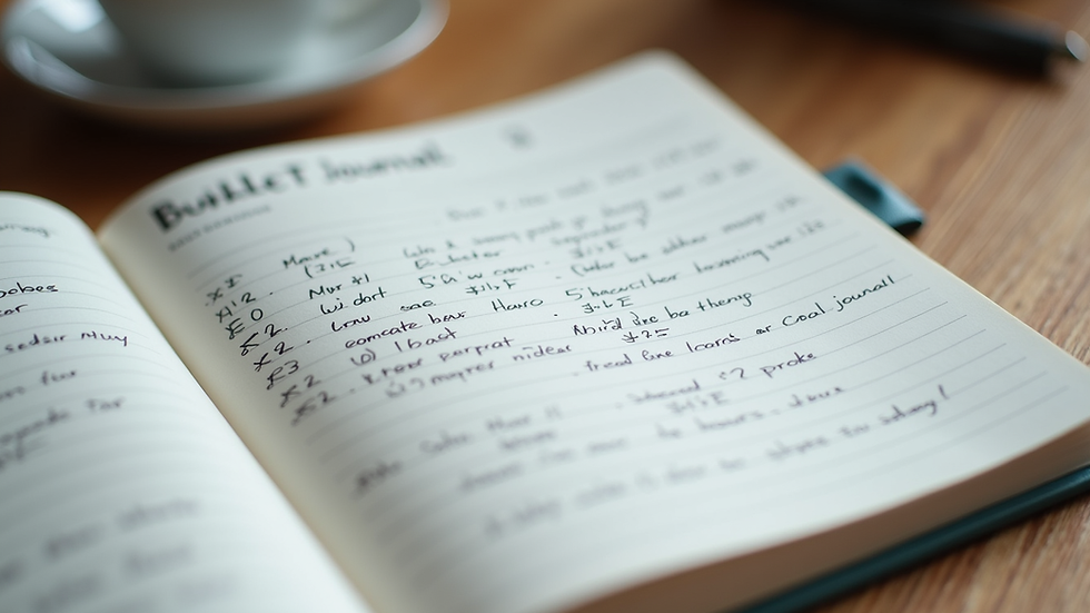 Close-up view of a bullet journal open with handwritten notes and task lists