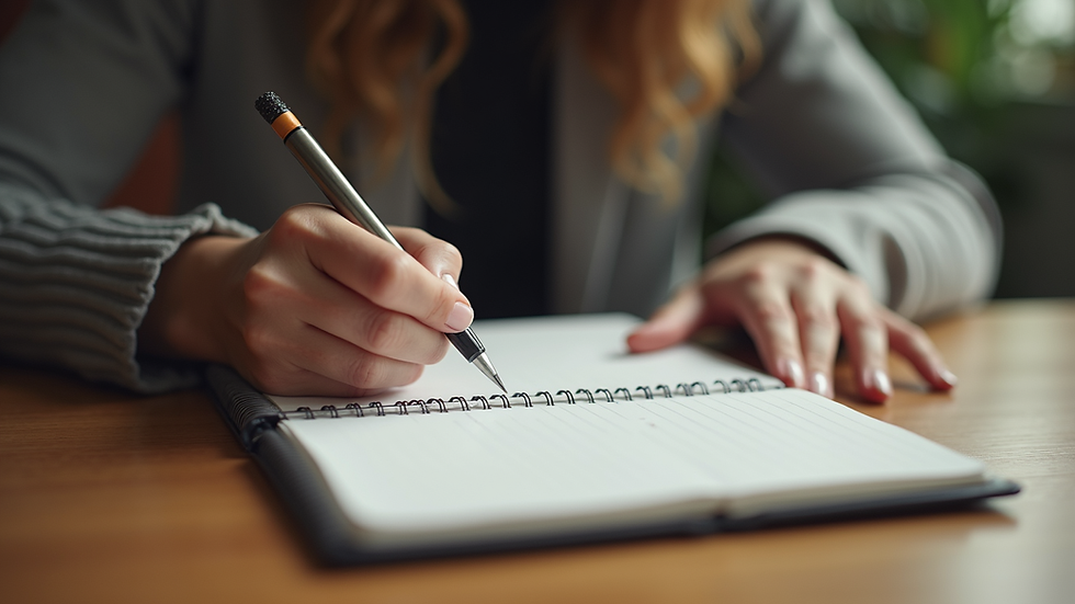 Eye-level view of a woman writing notes in a journal on a wooden desk