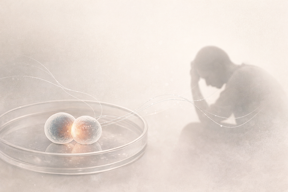 Soft, conceptual illustration showing two stem cells touching inside a petri dish, glowing as if beginning differentiation, with faint connective lines extending toward a seated human silhouette in the background, symbolizing the link between biological connection and depression.