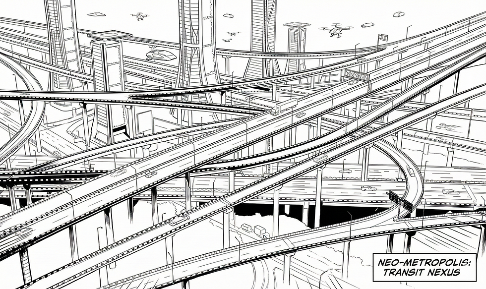 A black-and-white line drawing in a comic book style depicting a complex, futuristic highway interchange. Multiple levels of overpasses and roads weave intricately over and under one another, creating a dense network of transit. The scene includes sketches of futuristic towers in the background and flying vehicles in the sky.