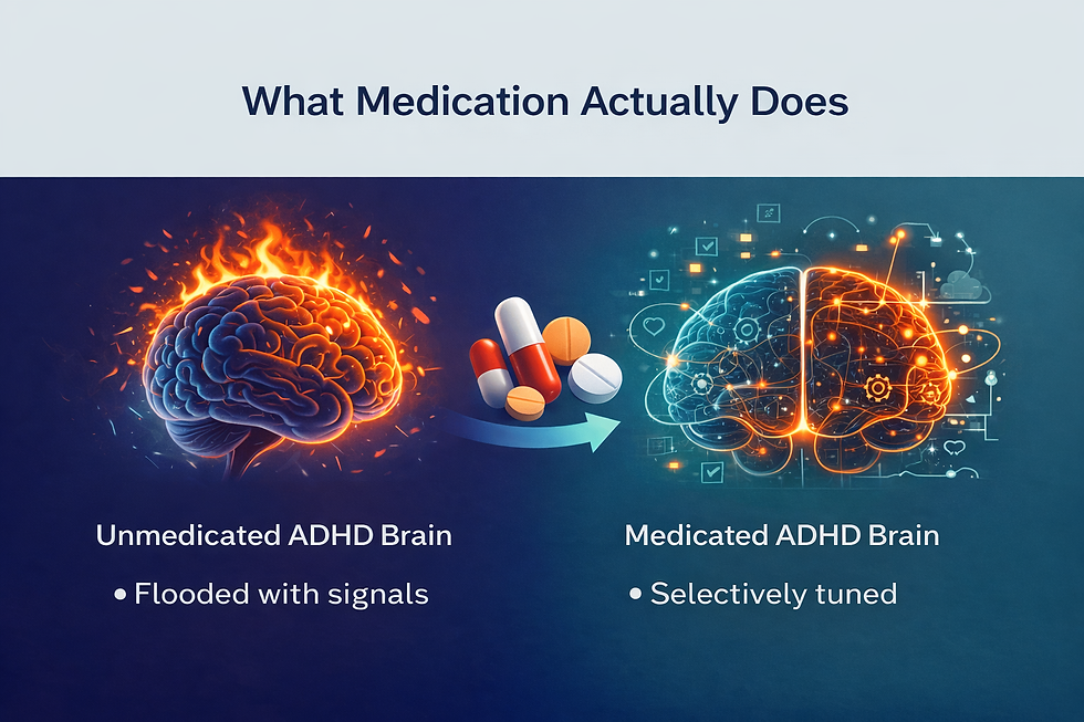 Educational infographic comparing an unmedicated ADHD brain and a medicated ADHD brain, showing increased signal regulation and organization after medication.