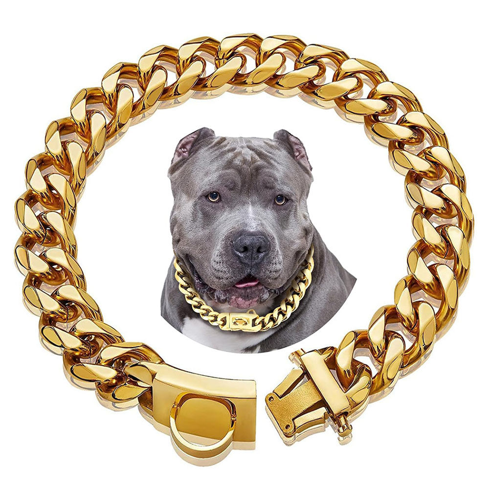 19mm Gold Chain Dog Collar Luxurious Sliver Gold Cuban Link Dog Collar with Secu
