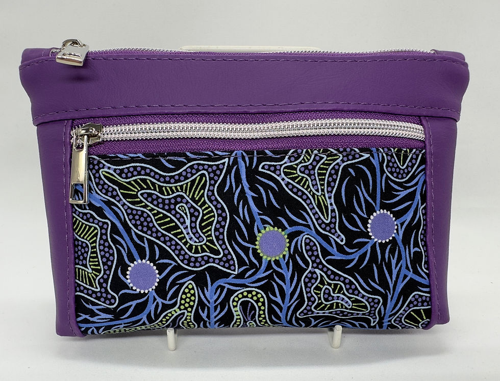 Stunning Indigenous cotton fabric complimented by Purple Passion faux leather