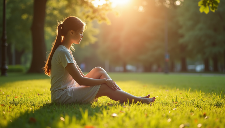 Eye-level view of a person sitting barefoot on grass under sunlight in a peaceful park