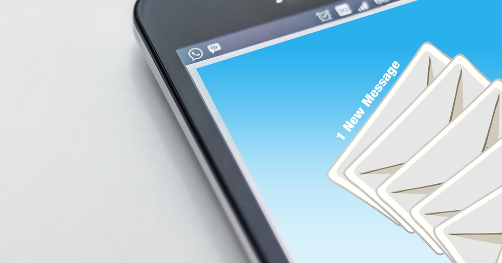 Smartphone displaying a blue screen with an icon of overlapping envelopes and "1 New Message" text. Bright, simple, communicative design.