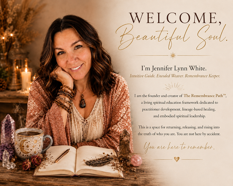 Jennifer Lynn White, founder of The Remembrance Path™, smiling warmly at a rustic wooden desk surrounded by crystals, a journal, candlelight, and spiritual tools in a cozy healing space. The welcome page introduces her work as an intuitive guide, remembrance keeper, and creator of a spiritual education framework focused on lineage healing, practitioner development, soul remembrance, energy healing, embodied spirituality, and personal transformation. Warm earth tones, sacred symbolism, and a peaceful atmosphere reflect themes of ancestral healing, spiritual awakening, intuitive development, and conscious living.