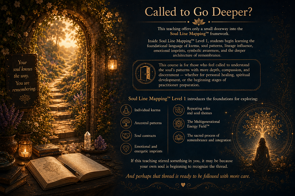 Golden spiritual course poster with a glowing garden arch, open book and candles, and text about Soul Line Mapping Level 1.