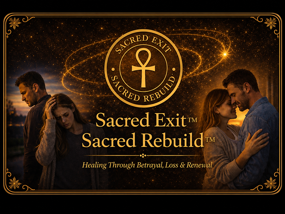 Sacred Exit™ | Sacred Rebuild™ course page by Jennifer Lynn White featuring two contrasting couples symbolizing the journey through betrayal, heartbreak, healing, separation, and relationship renewal. A radiant gold ankh emblem representing transformation and sacred restoration is set against a celestial night sky with glowing sacred geometry, expressing themes of emotional healing, nervous system recovery, personal sovereignty, and conscious relationship repair. Part of The Remembrance Path™, this Sacred Practitioner Pathway supports individuals and practitioners navigating betrayal trauma, grief, trust rebuilding, relationship transitions, self-worth, emotional resilience, and trauma-informed healing. Whether choosing to leave a relationship or rebuild it with integrity, the pathway emphasizes compassionate healing, embodied recovery, and reclaiming wholeness through truth, boundaries, and self-remembrance.