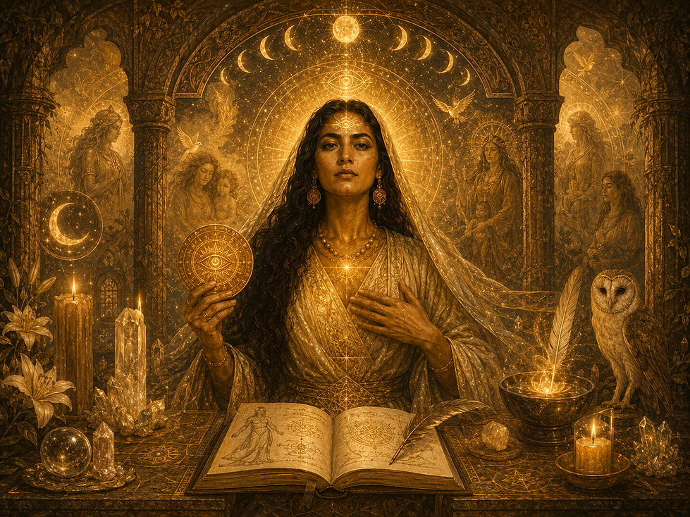 THE ORACLE PRIESTESS AND DIVINE FEMININE SOVEREIGNTY
Seeing clearly is an act of reclamation.
To reclaim the Oracle Priestess is to reclaim the right to know.
For generations, feminine intuition has been dismissed, feared, mocked, controlled, or punished.
Women who could see, sense, dream, heal, or speak truth were often silenced by
systems that feared spiritual sovereignty.
The Oracle Priestess restores this sacred inheritance.
She reminds us that divine feminine sovereignty is not only about speaking loudly.
Sometimes it begins with quietly admitting:
“I knew.”
I knew something was not right.
I knew my body was speaking.
I knew that dream mattered.
I knew the signs were guiding me.
I knew my soul was calling me toward something more.
The Oracle Priestess helps us stop apologizing for our perception.
She teaches that sacred sight is not a burden.
It is a gift that must be protected, refined, grounded, and used in servic