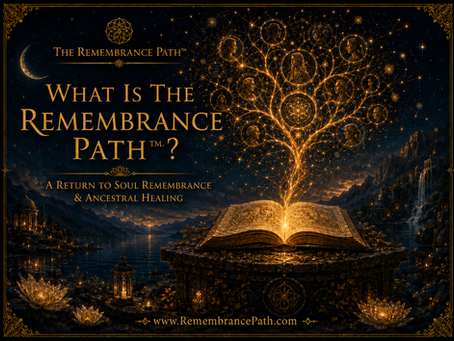 The Remembrance Path™ blog banner featuring the title "What Is The Remembrance Path?" with the subtitle "A Return to Soul Remembrance & Ancestral Healing." A radiant golden ancestral tree grows from an illuminated sacred book, with glowing portraits of ancestors woven into its branches beneath a star-filled night sky. Sacred geometry, lotus flowers, ancient temples, mountains, and tranquil water surround the scene, symbolizing soul remembrance, lineage healing, spiritual awakening, ancestral wisdom, and the journey home to the authentic self. The image includes The Remembrance Path™ logo and the website www.RemembrancePath.com.