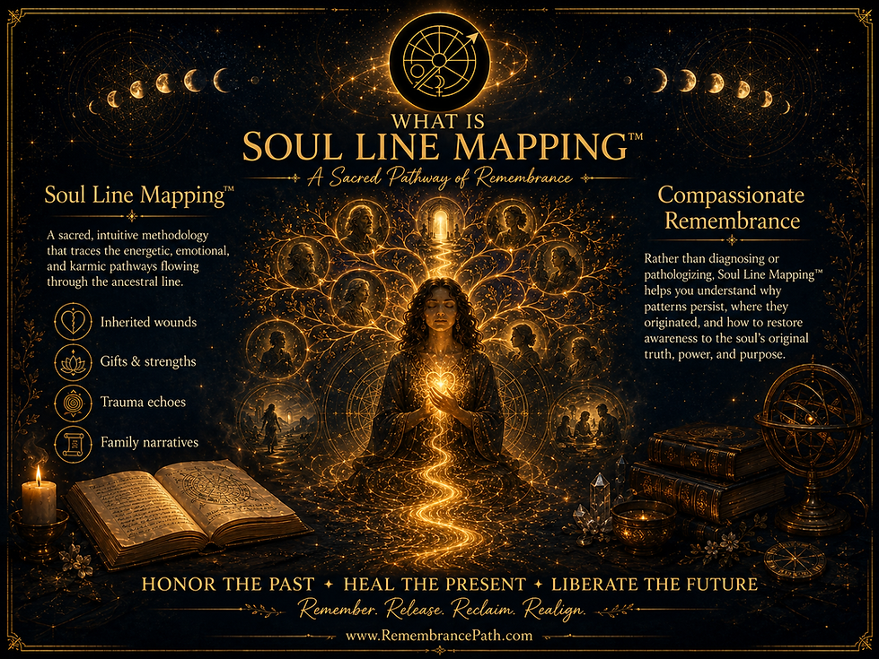 what is soul line mapping? Soul Line Mapping™ is a sacred, intuitive methodology designed to trace the energetic, emotional, and karmic pathways that flow through a person’s ancestral line. It reveals how inherited wounds, gifts, trauma echoes, and unspoken family narratives shape the soul’s current-life experiences,
relationships, self-perception, and spiritual evolution.
Rather than diagnosing or pathologizing, Soul Line Mapping™ invites clients into compassionate remembrance — helping them understand why certain patterns persist and where they originated,
while restoring awareness to the soul’s original truth, power, and purpose.