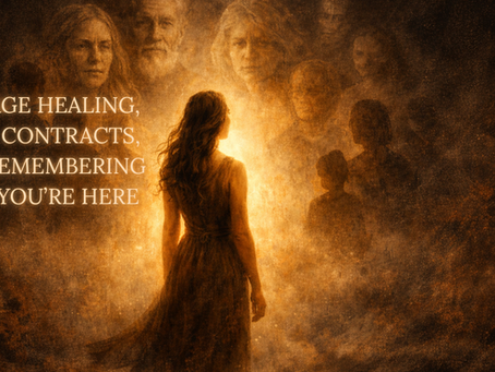 A woman surrounded by images of her deceased ancestors