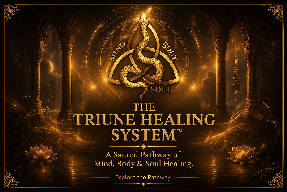 The Triune Healing System™ course page by Jennifer Lynn White featuring a luminous gold triquetra intertwined with a sacred serpent representing the integration of Mind, Body, and Soul. Set within an illuminated mystical temple framed by ancient pillars, lotus flowers, celestial light, and sacred geometric patterns, the page introduces a transformational practitioner training pathway through The Remembrance Path™. Designed for spiritual practitioners, healers, and coaches, the modality explores nervous system healing, trauma-informed spiritual care, emotional healing, ancestral healing, embodied wellness, soul remembrance, spiritual sovereignty, and holistic mind-body-soul integration. A prominent "Explore the Pathway" button invites visitors to begin this sacred practitioner journey toward personal transformation and professional spiritual development.