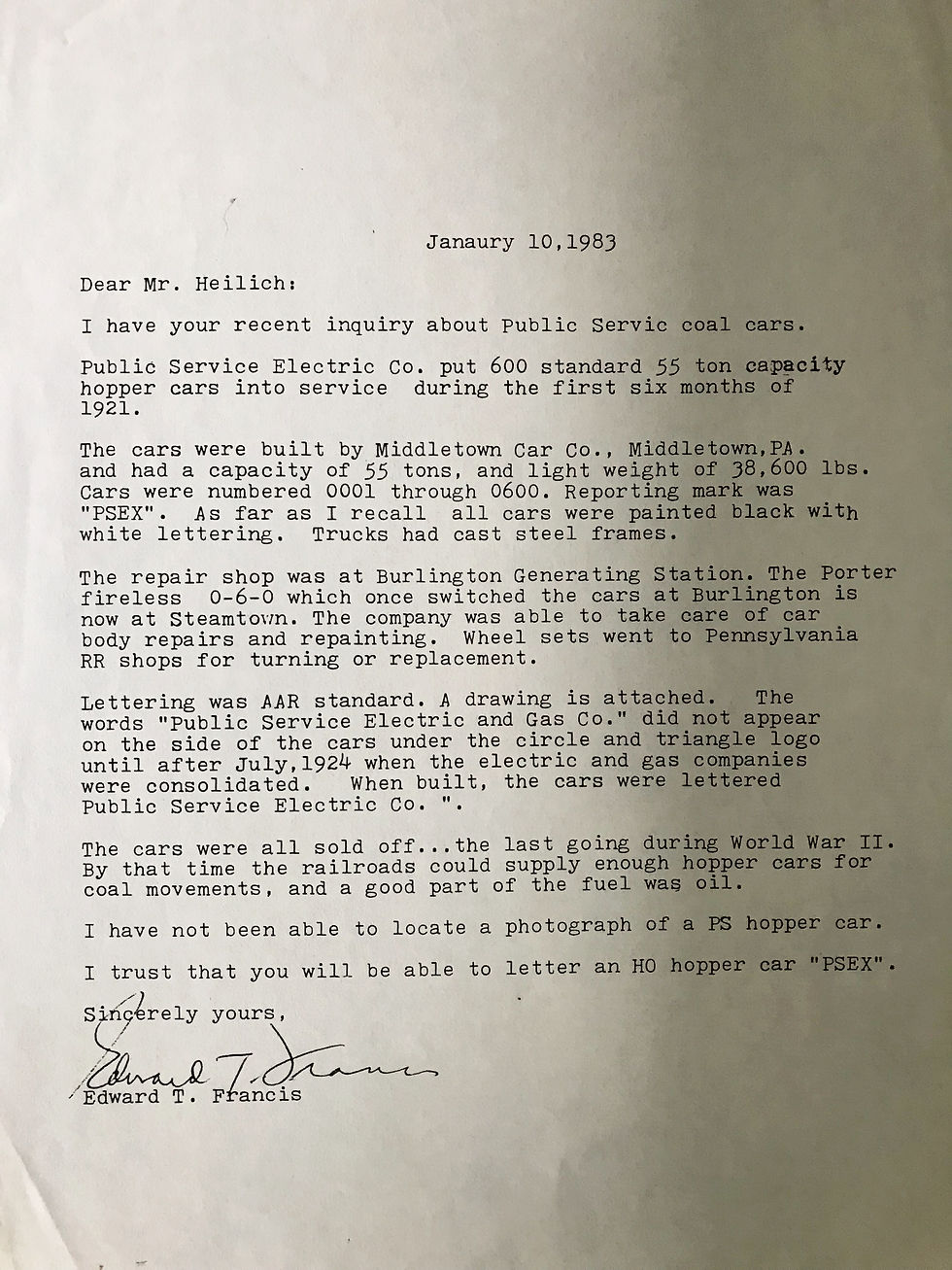 Letter of Jan10, 1983 from Edward T Francis with car Description