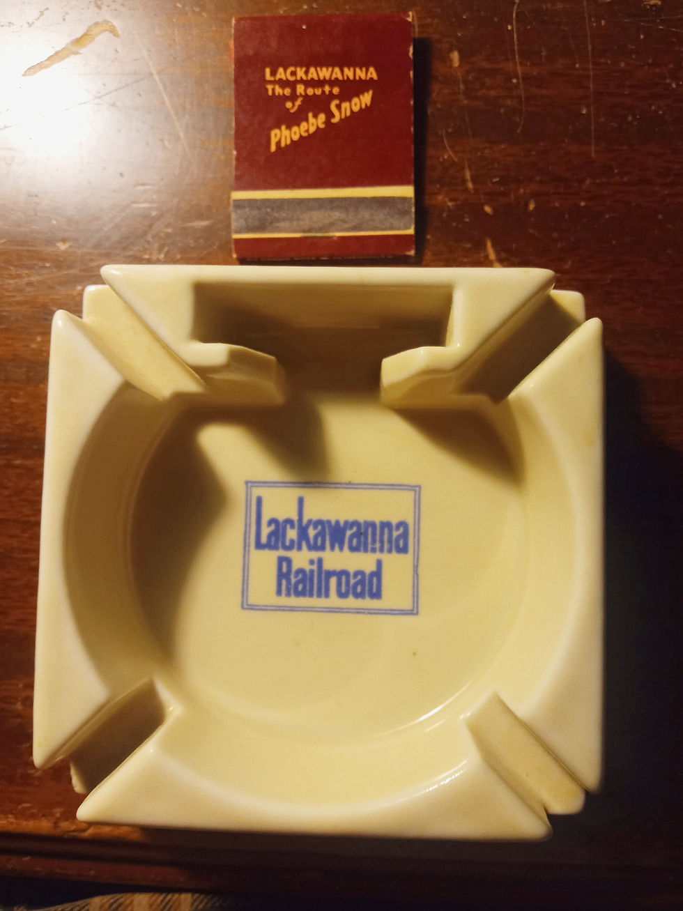 Ceramic Lackawanna ashtray with Matchbook holder and unused book of Matches