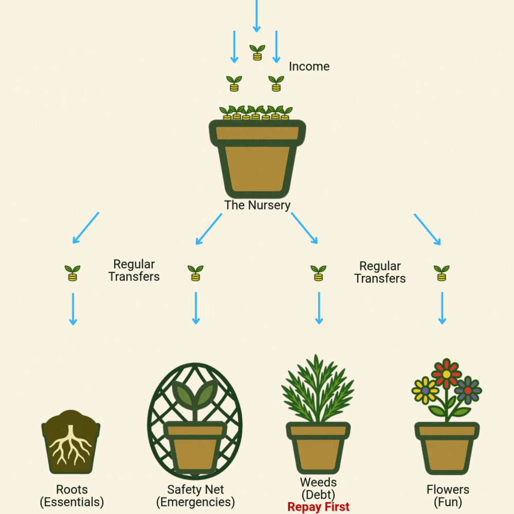 Money System diagram showing flow of money into purpose driven pots