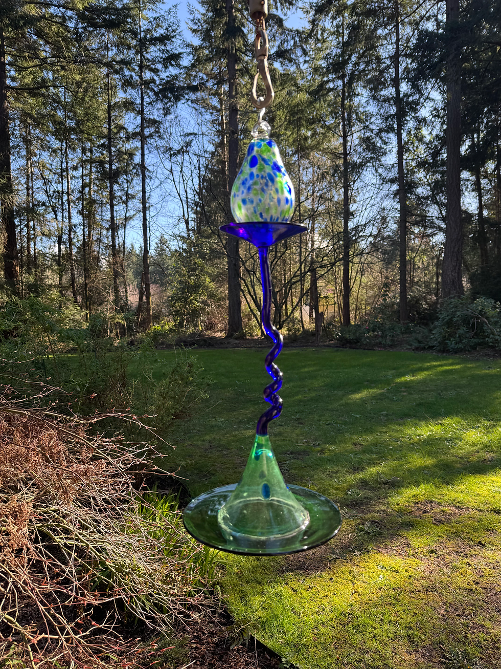 Hanging glass garden art, blue and green