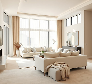 A bright, elegant residential living room in a modern upscale home, soft natural daylight