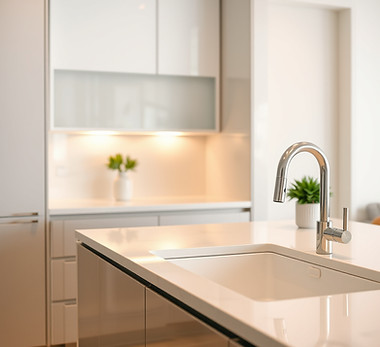 A close-up interior scene of a pristine modern kitchen, spotless countertops, clean sink,