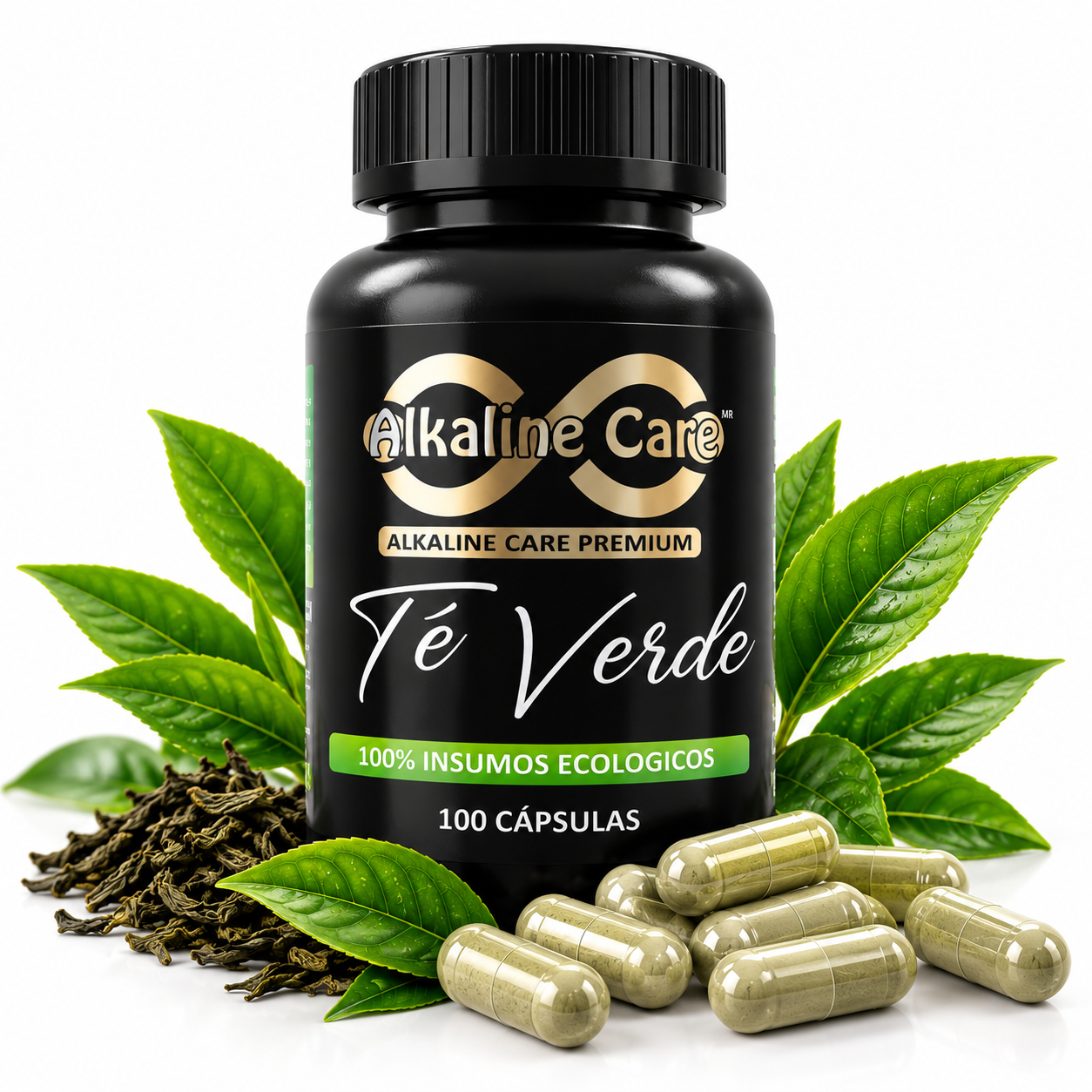 Té Verde Premium Alkaline Care 100 cápsulas con hojas de té verde y cápsulas sobre fondo blanco