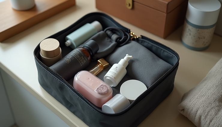 Close-up view of a compact travel toiletry bag with multiple compartments