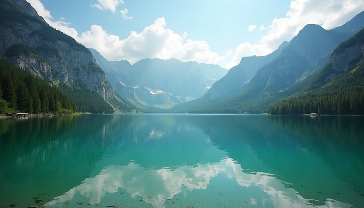 Eye-level view of emerald lake with mountain reflections at Eibsee, Germany