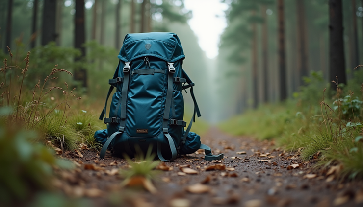 Eye-level view of a fully packed ultralight backpack resting on a forest trail