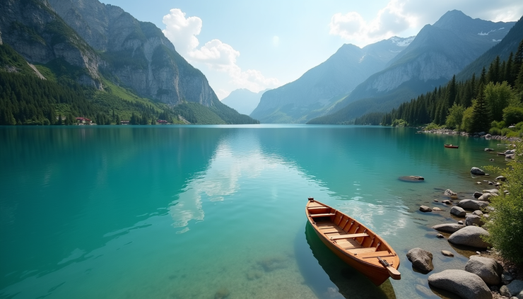 High angle view of turquoise lake surrounded by mountains at Lago di Braies, Italy