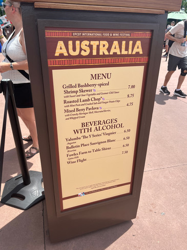 World Showcase Australia Booth Menu