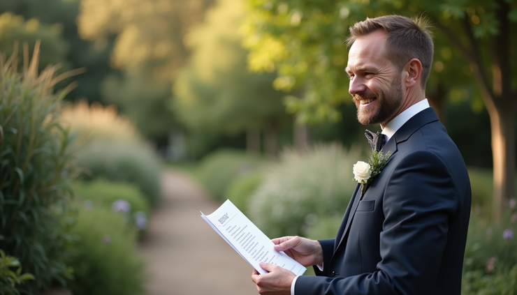 Eye-level view of a wedding officiant holding a ceremony script at an outdoor garden wedding