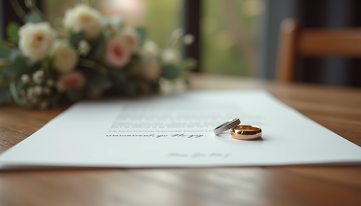 Close-up view of a wedding ceremony script and a wedding ring on a wooden table