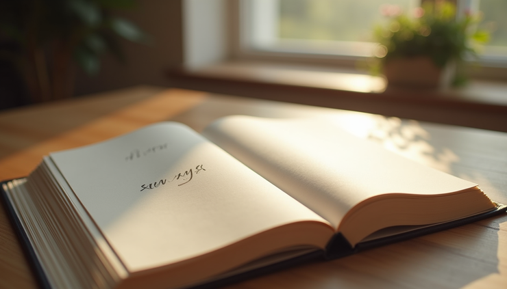 Eye-level view of a handwritten wedding vow book on a wooden table