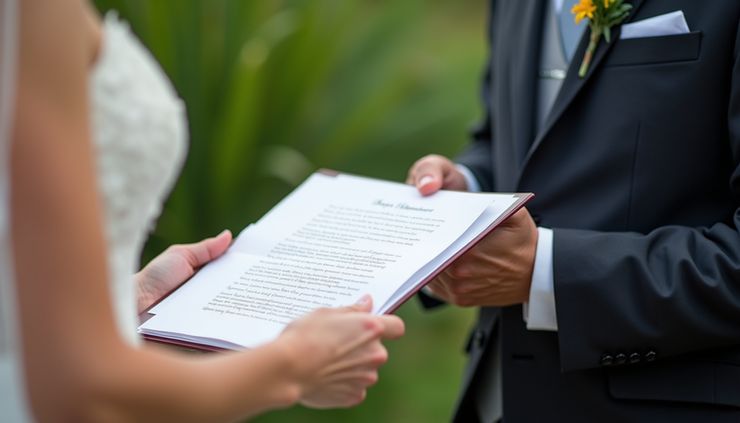 Close-up of a registered officiant holding a wedding script during an outdoor ceremony