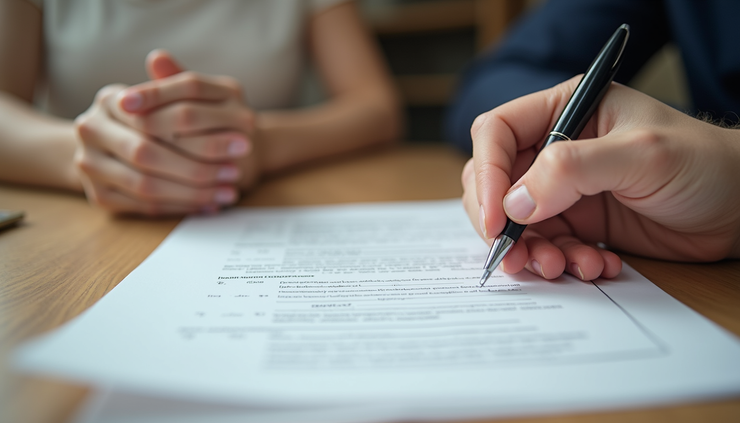 Eye-level view of a wedding certificate on a wooden table with a pen ready for signature