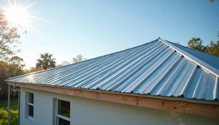 Eye-level view of a newly installed metal roof on a Florida home under clear blue sky