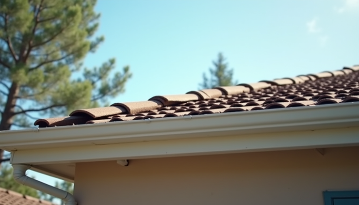 Eye-level view of a residential roof with visible shingles and gutters