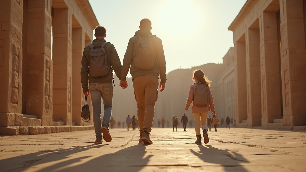 Eye-level view of a family exploring a historical site