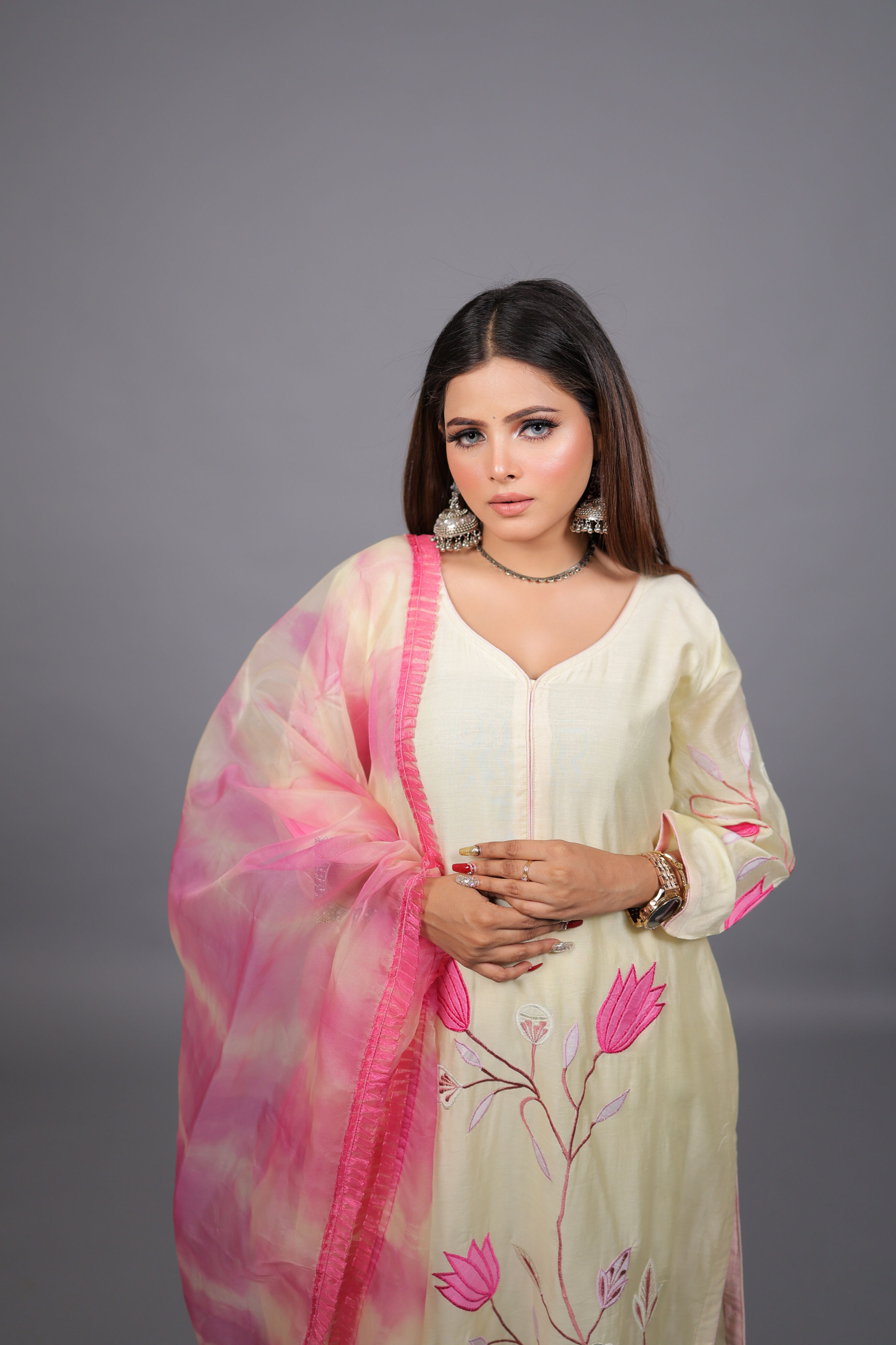 D.No-3085 - Chanderi Silk Kurti Pant Set with Organza Dupatta